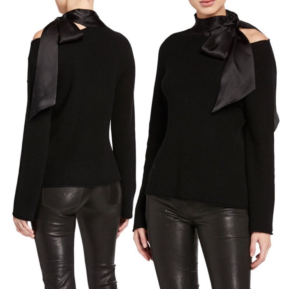 RtA Cashmere sweater with black satin trim collar statement bow Millie Lg NWT
